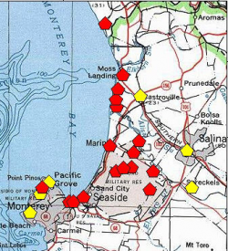 A red polygon indicates an extant occurrence; yellow indicates the occurrence has been extirpated. 